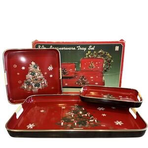 Vintage 3 Boxed Lacquerware Nesting Tray Set Japan Kmart Christmas Tree Red 18"‎